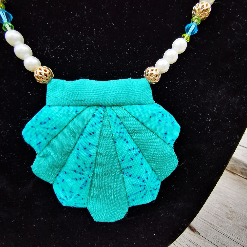 Unique Turquoise Fabric Shell Necklace - Picture 2 of 16